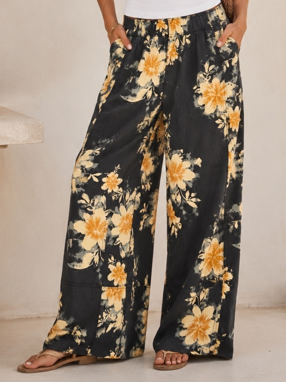 Free People Days End Printed Linen Blend Pull-On Pants L Bohemian Wide Leg Boho